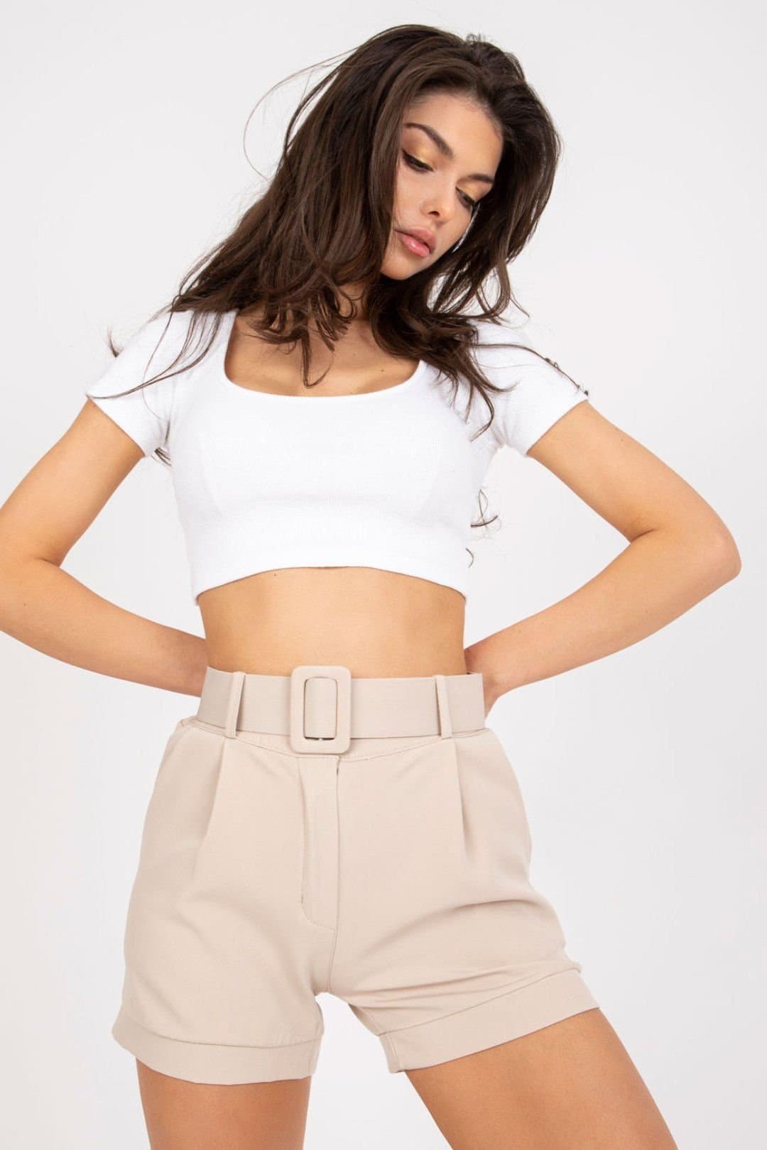 Love Lace Love Lace Women's Elegant Zip Button Shorts with Belt Style 166320 in Beige