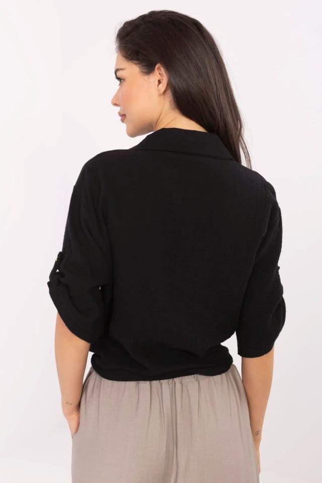 Love Lace Love Lace Women's Casual Cotton Shirt with Tie Hem in Black - 3