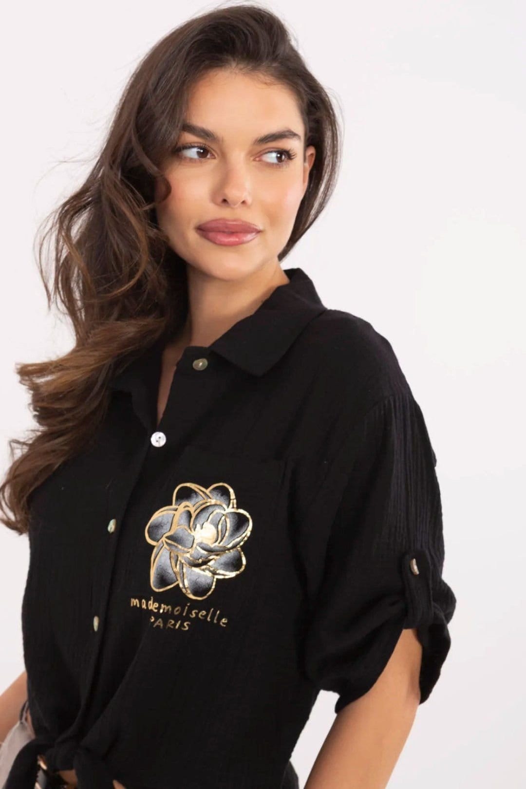 Love Lace Love Lace Women's Casual Cotton Shirt with Tie Hem in Black - 4