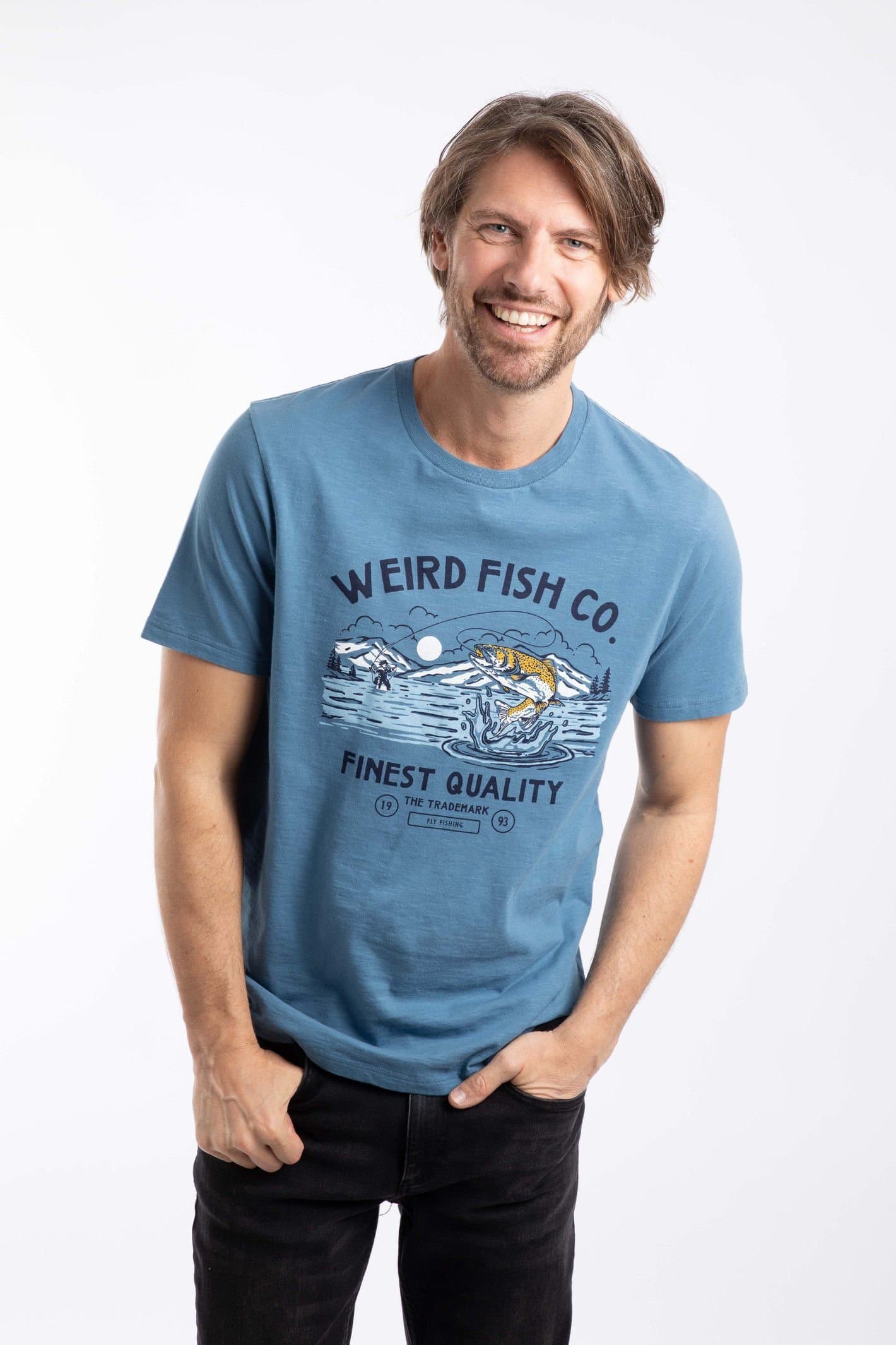 Weird Fish Weird Fish Men's Fish Out Of Water Front Print Graphic T-Shirt in Mid Blue