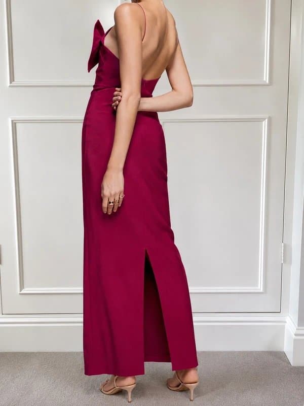 Vesper Vesper Berry Pink Bow Maxi Dress / Cut Out Bodice / Thigh Split / UK 10 / Brand New With Tags