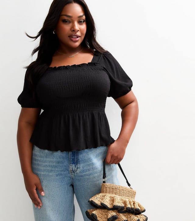 New Look Women's Plus Size Black Shirred Puff Sleeve Top Curves New Look - 2