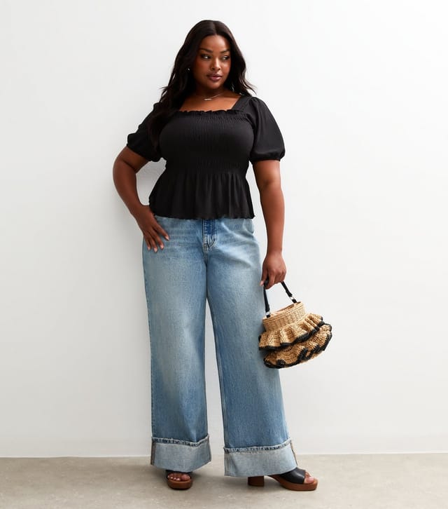 New Look Women's Plus Size Black Shirred Puff Sleeve Top Curves New Look - 3