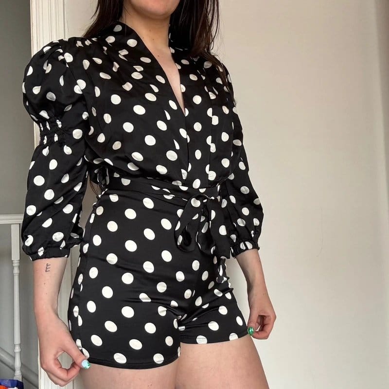 Miss Pap Polka Dot Puff Sleeve Playsuit with Tie Belt