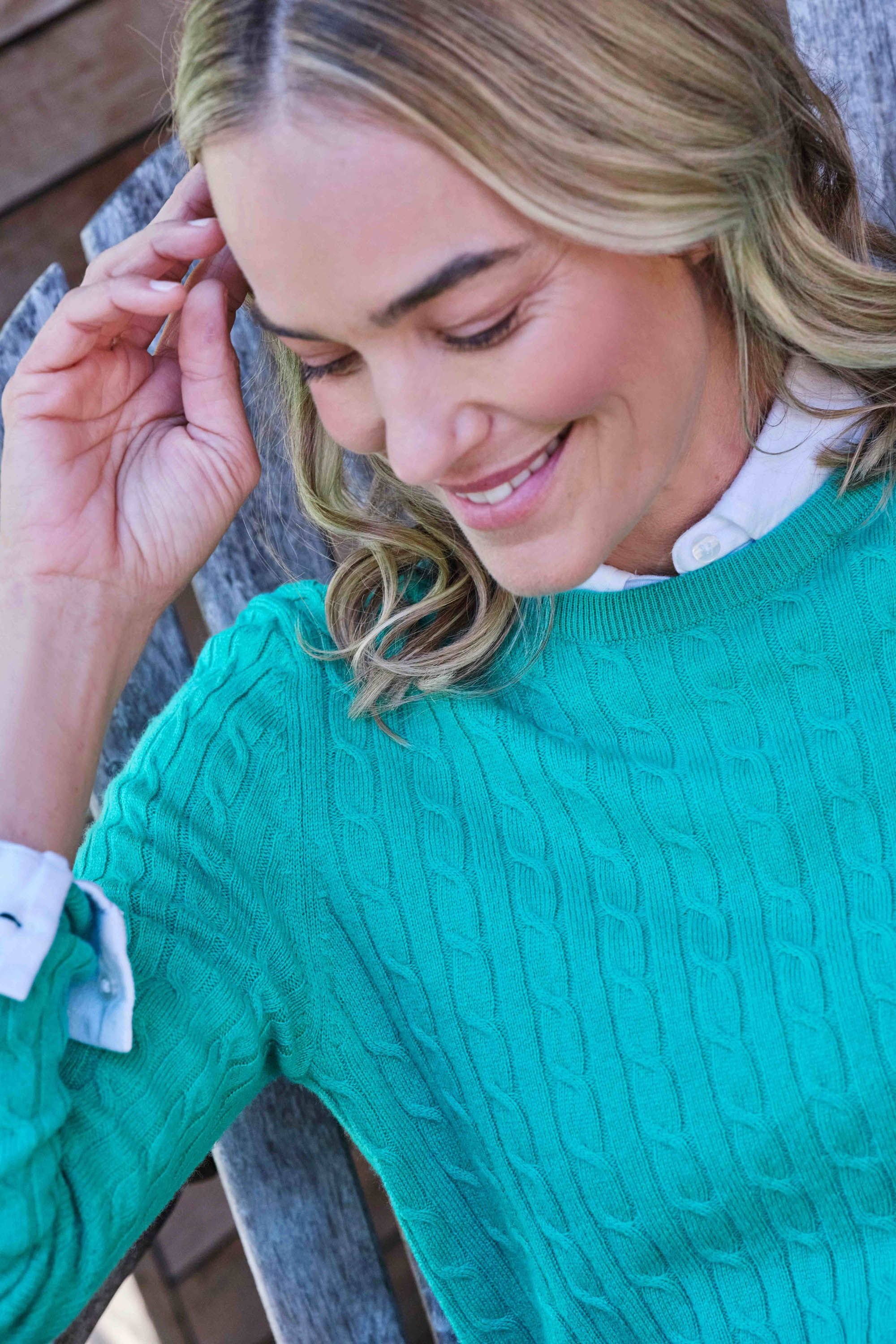 WoolOvers WoolOvers Women's Cashmere Merino Cable Crew Neck Jumper in Blue - 3