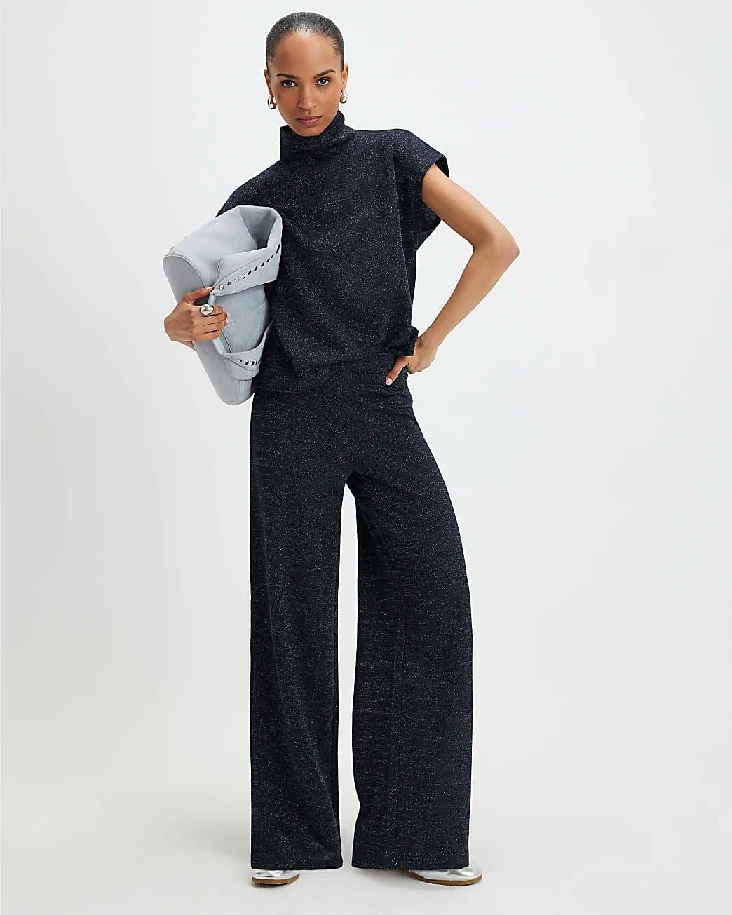 River Island River Island Womens Navy Glitter Wide Leg Trousers