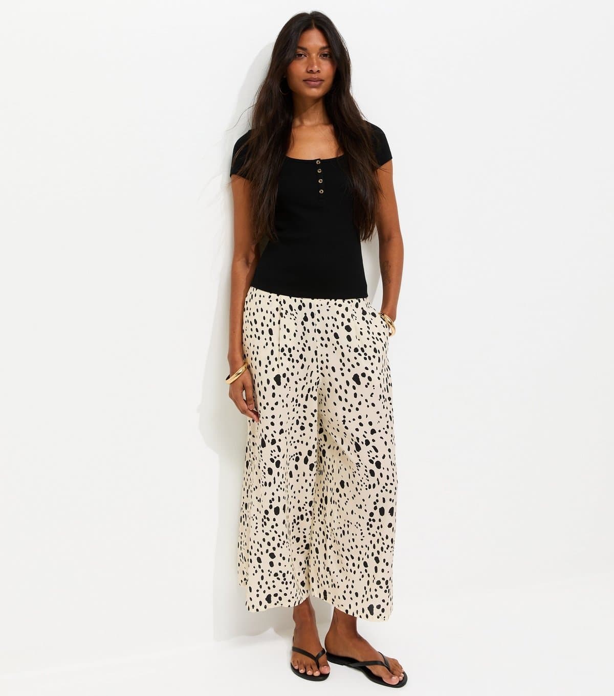 New Look Women's White Spot Print Cropped Wide Leg Trousers New Look