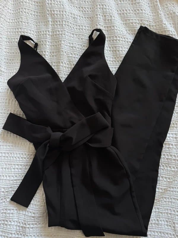 ASOS ASOS Black Wrap V-Neck Jumpsuit with Tie Waist