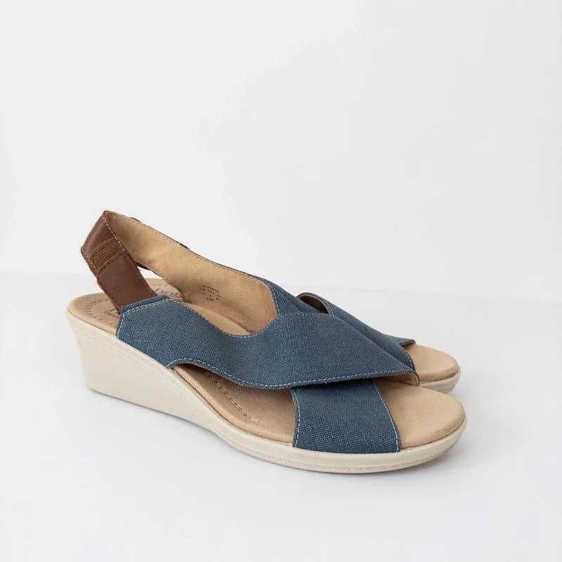 Hotter Hotter Jasmine Cross Strap Wedge Sandals UK 7 Denim Blue Tan Canvas Leather