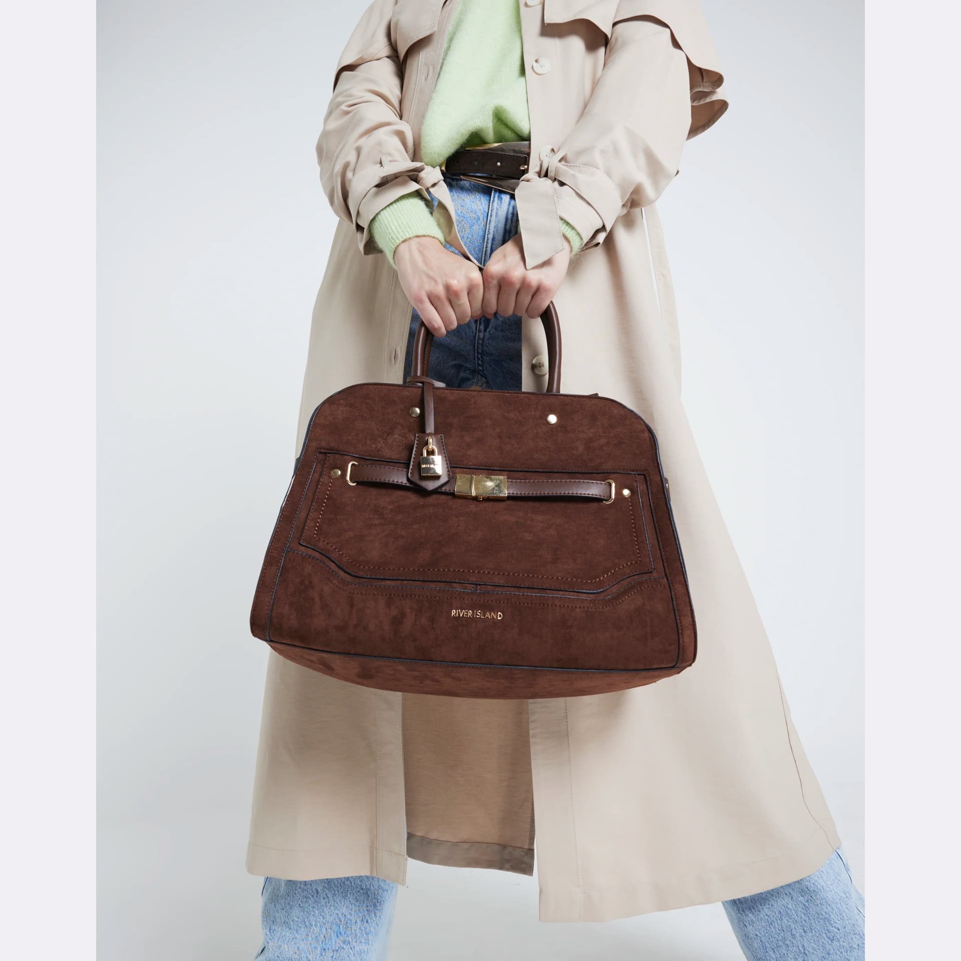 River Island River Island Womens Brown Suedette Lock Detail Tote Bag