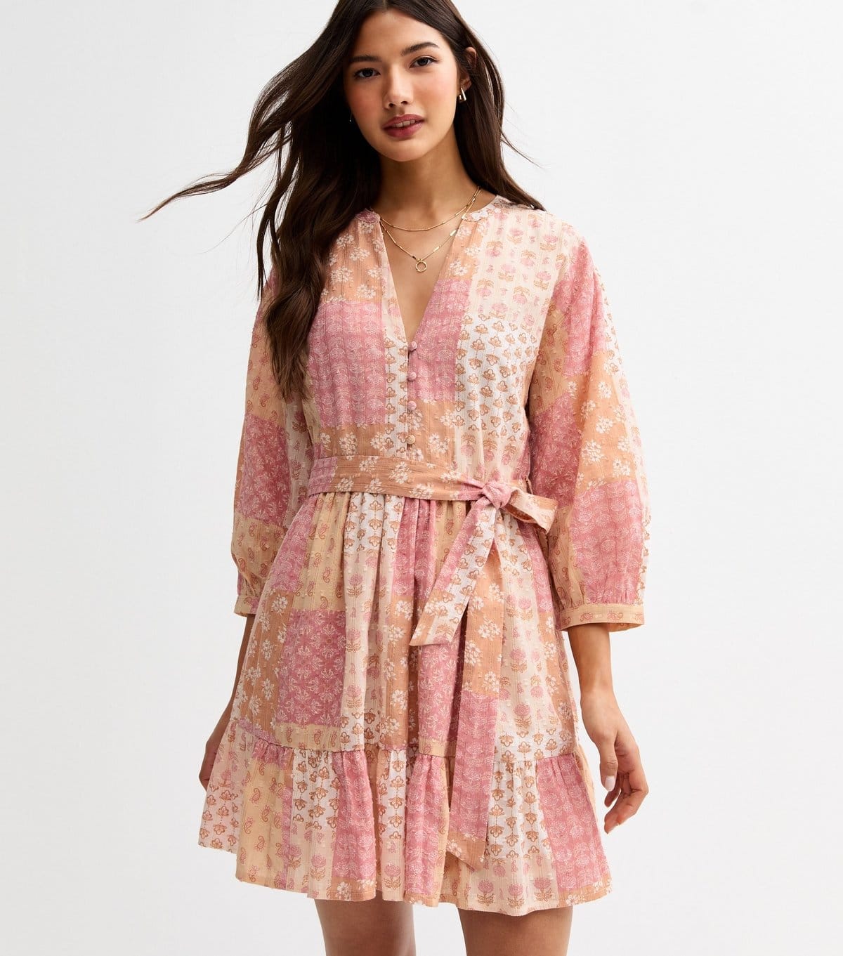 New Look Pink Floral Print Tiered Hem Mini Dress