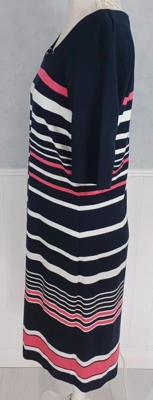 Gerry Weber Gerry Weber Size 14 Navy Stripe Knit Dress Pink White Embellished Neck Smart Workwear