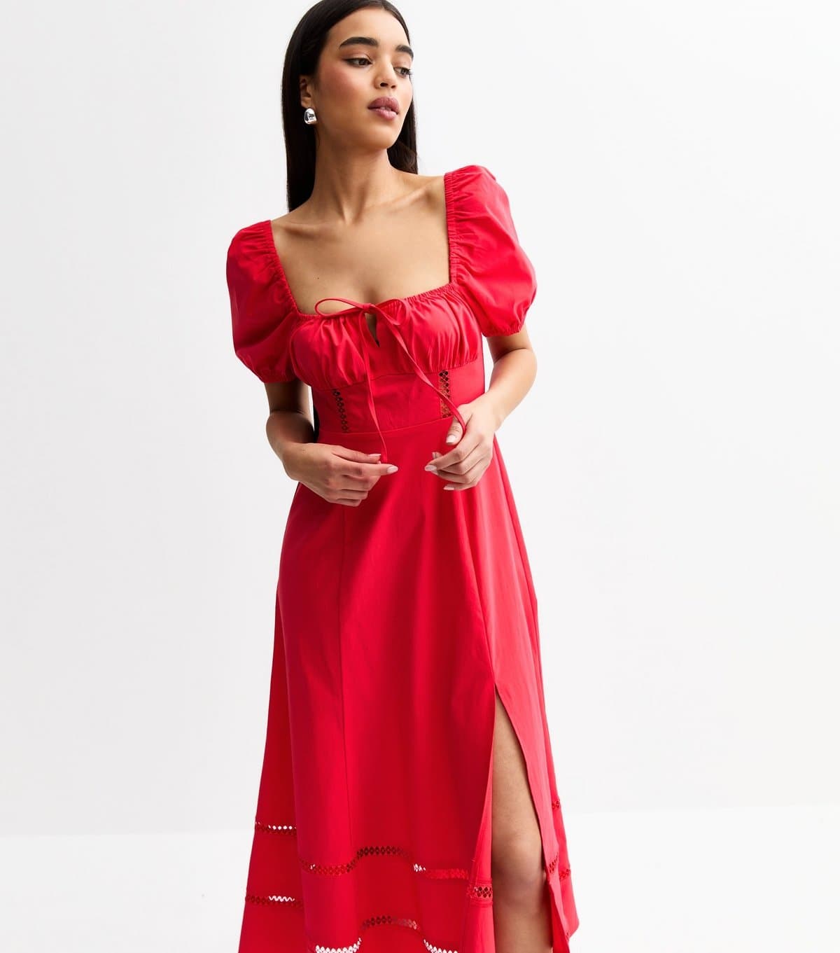 New Look Women's Red Puff Sleeve Slit Hem Midi Dress New Look