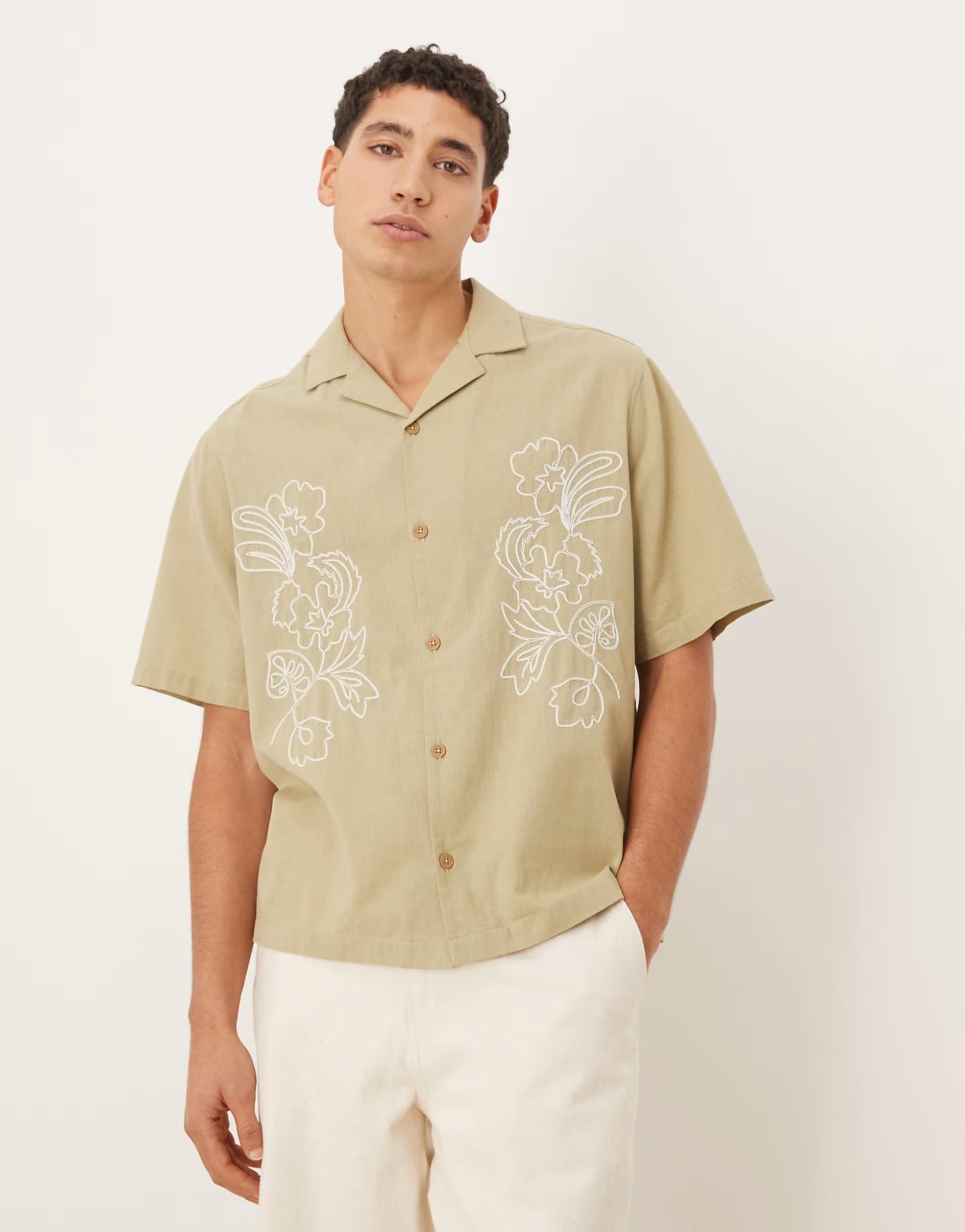 ASOS ASOS DESIGN relaxed revere shirt with linen with placement embroidery in sage green