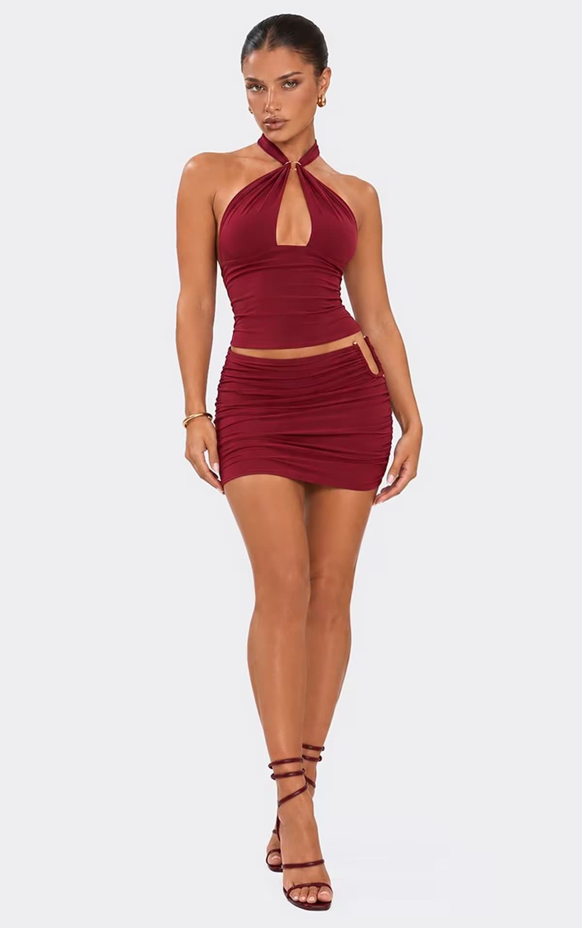 EGO Mid Rise Side Trim Detail Ruched Mini Skirt In Burgundy Slinky, Women's Size UK 6