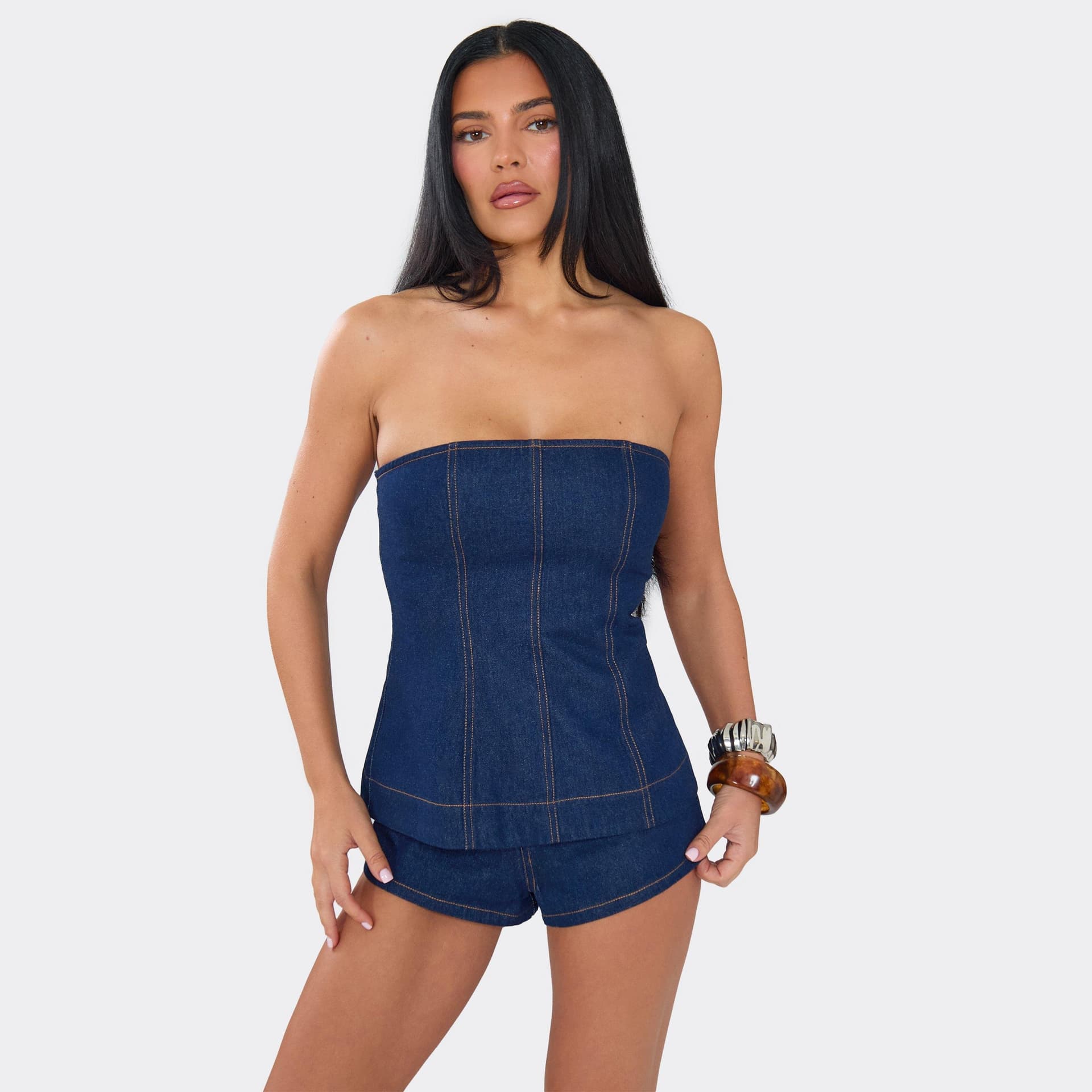 EGO Bandeau Seam Detail Top In Blue Denim, Women's Size UK 6