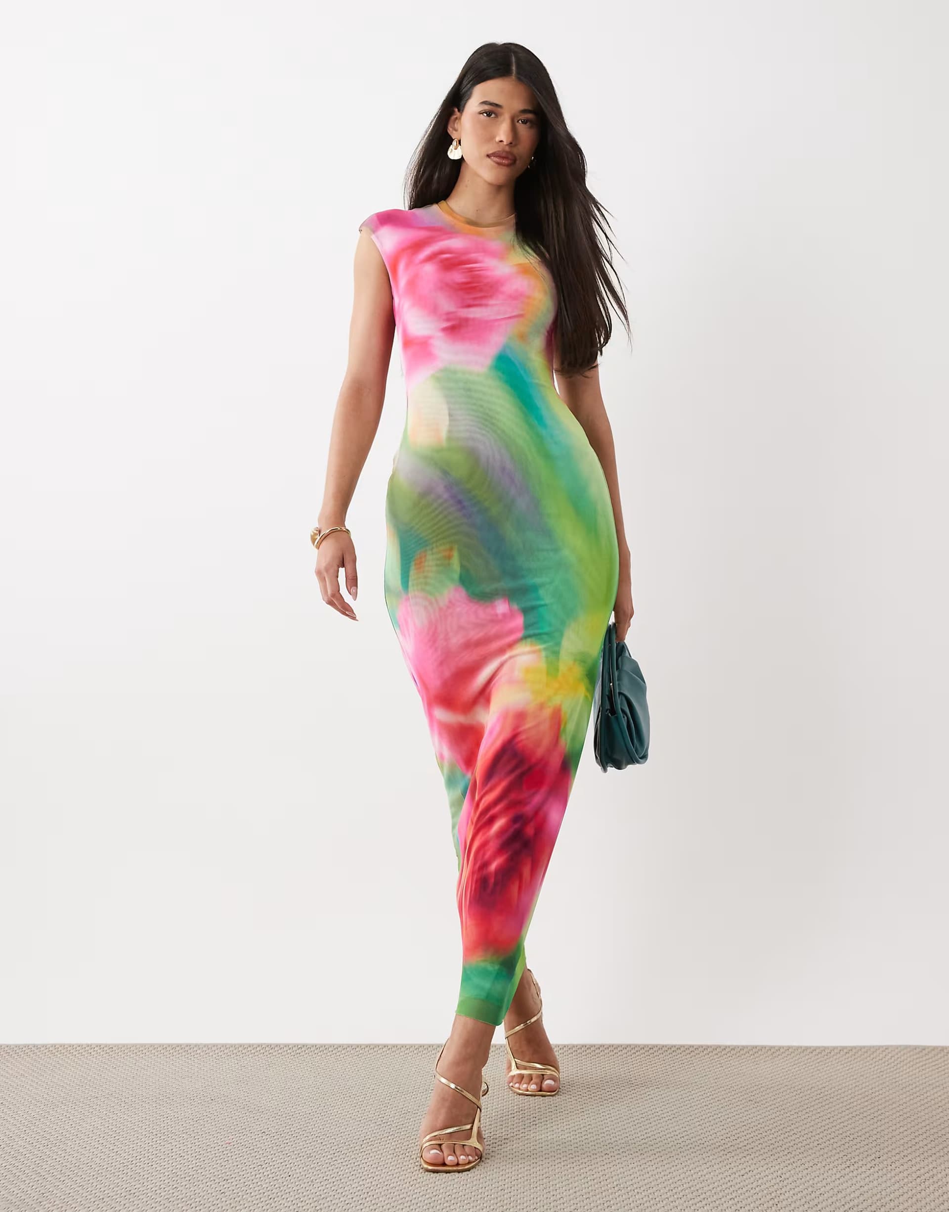 ASOS AFRM Mylo printed mesh cap sleeve maxi dress in abstract floral print