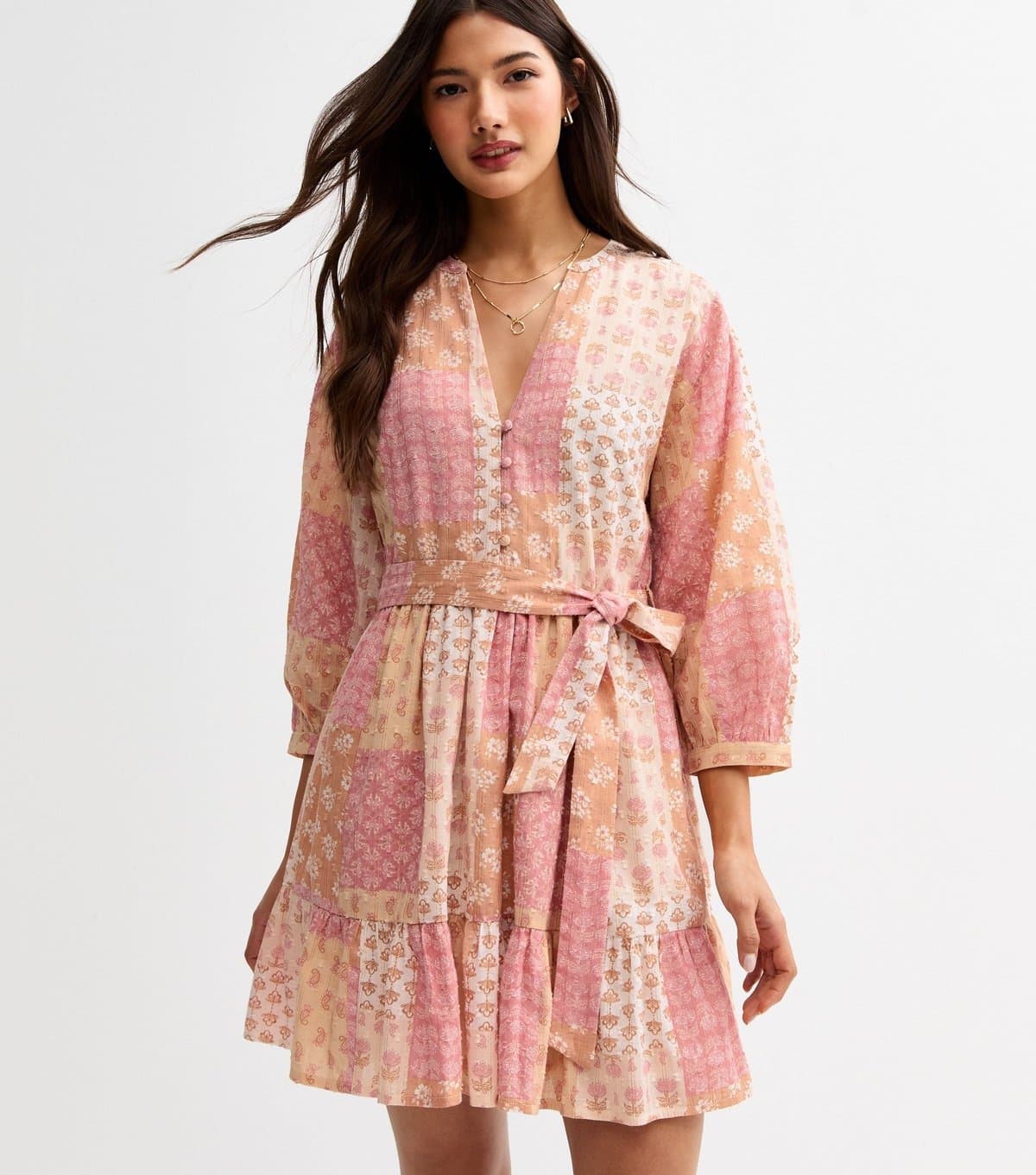 New Look Women's Pink Floral Print Tiered Hem Mini Dress New Look