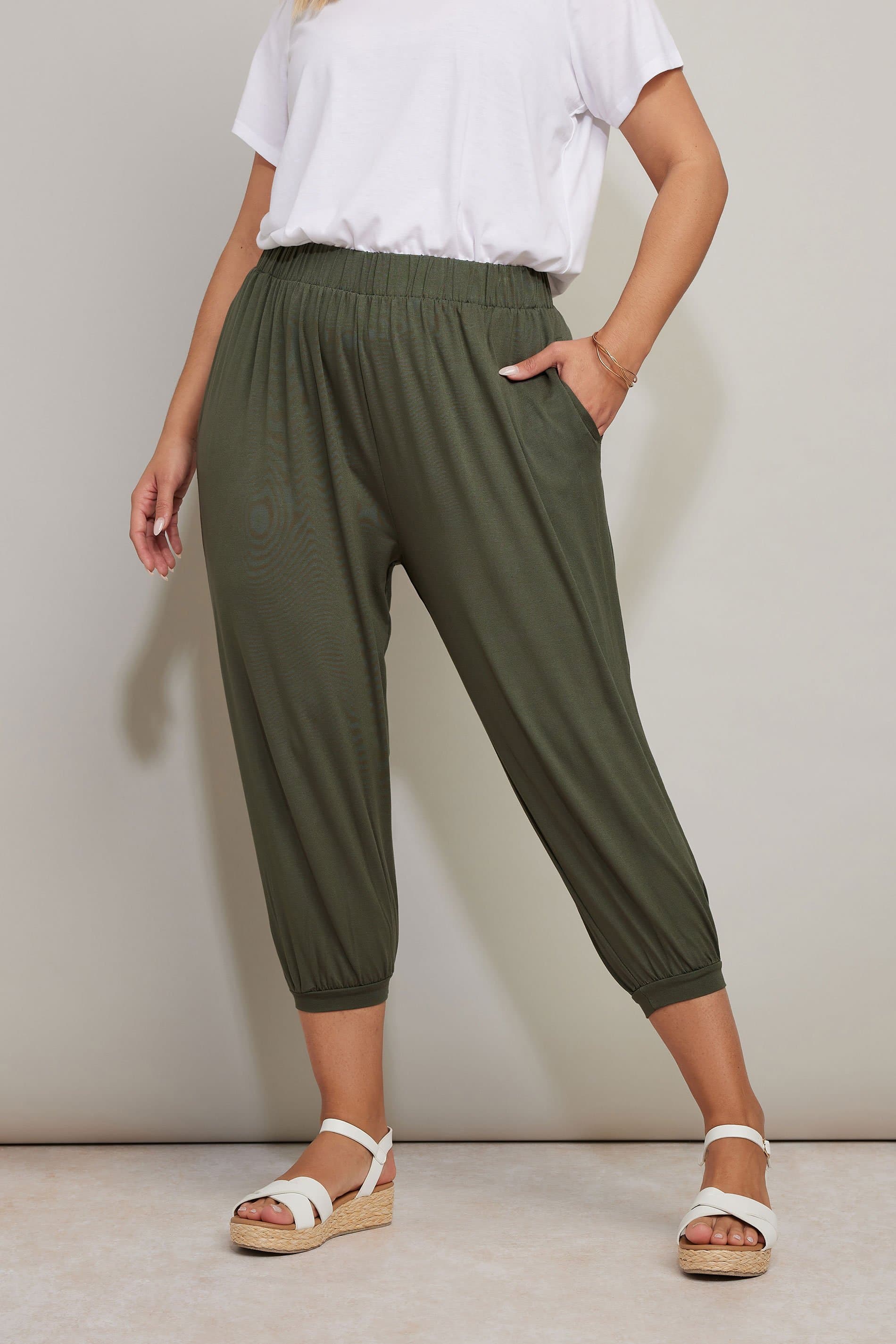 Yours Plus Size Khaki Green Jersey Cropped Harem Trousers
