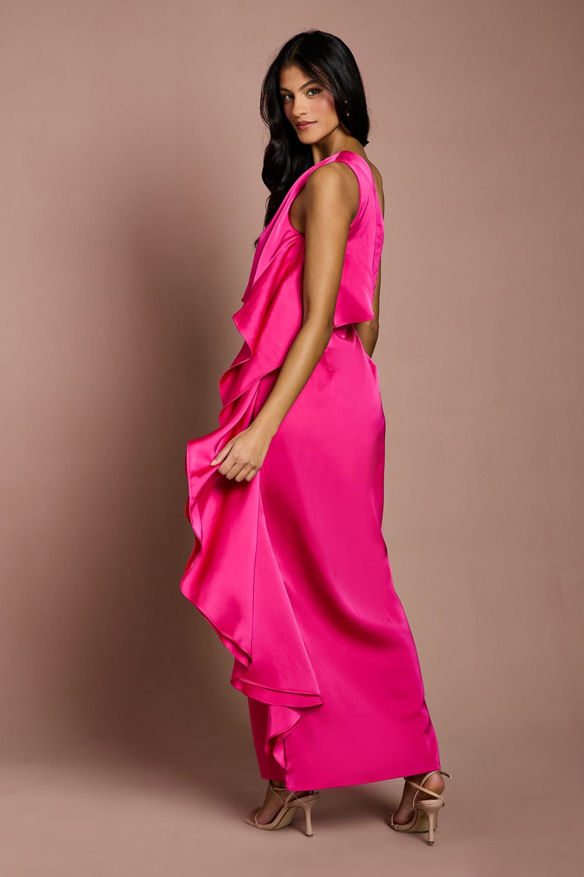 Coast Coast Women's Petite Waterfall One Shoulder Satin Maxi Dress in Magenta - 3