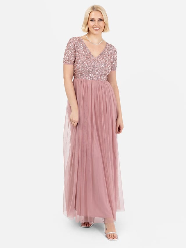 Maya Deluxe Maya Deluxe Women's Short Sleeve V Neck Embellished Maxi Dress in Dusty Pink - 2