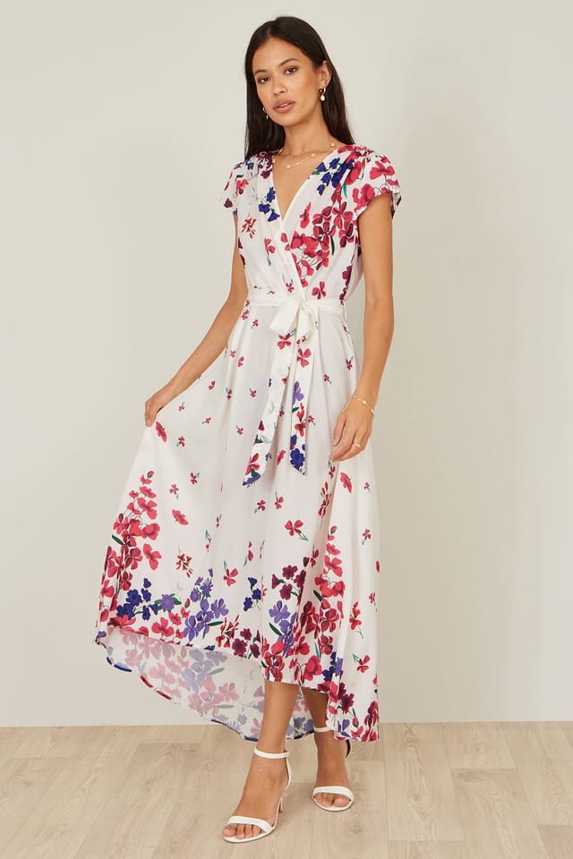 Yumi Yumi Women's Floral Mirror Wrap Dress With Dip Hem in Ivory - 2