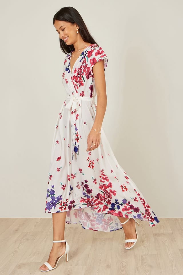 Yumi Yumi Women's Floral Mirror Wrap Dress With Dip Hem in Ivory - 3
