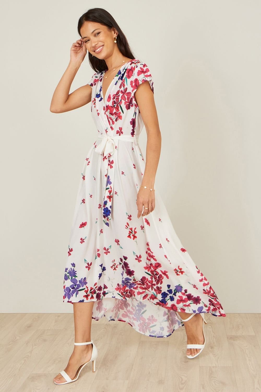 Yumi Yumi Women's Floral Mirror Wrap Dress With Dip Hem in Ivory - 4