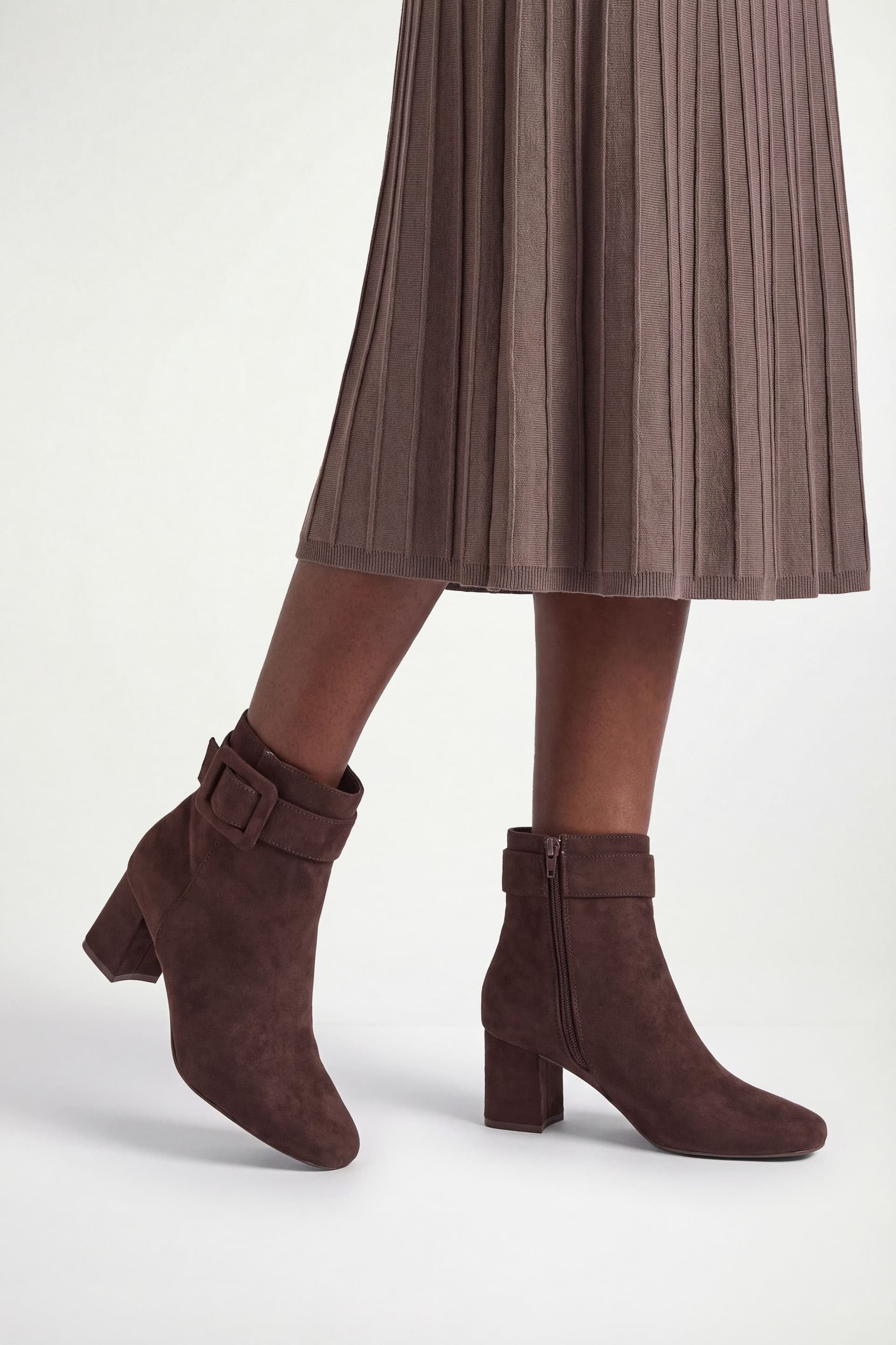 Wallis Wallis Women's Athena Faux Suede Covered Buckle Square toe Medium Block Heel Ankle Boots in Dark Brown