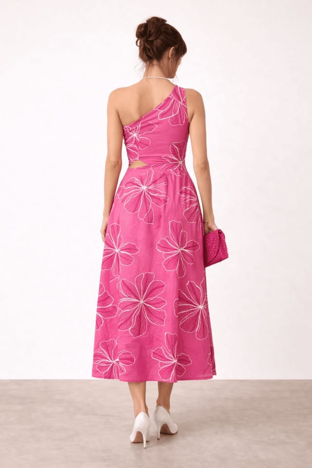 Style Cheat Style Cheat Women's Jasmine One-Shoulder Cut-Out Midi Pink Dress - 2