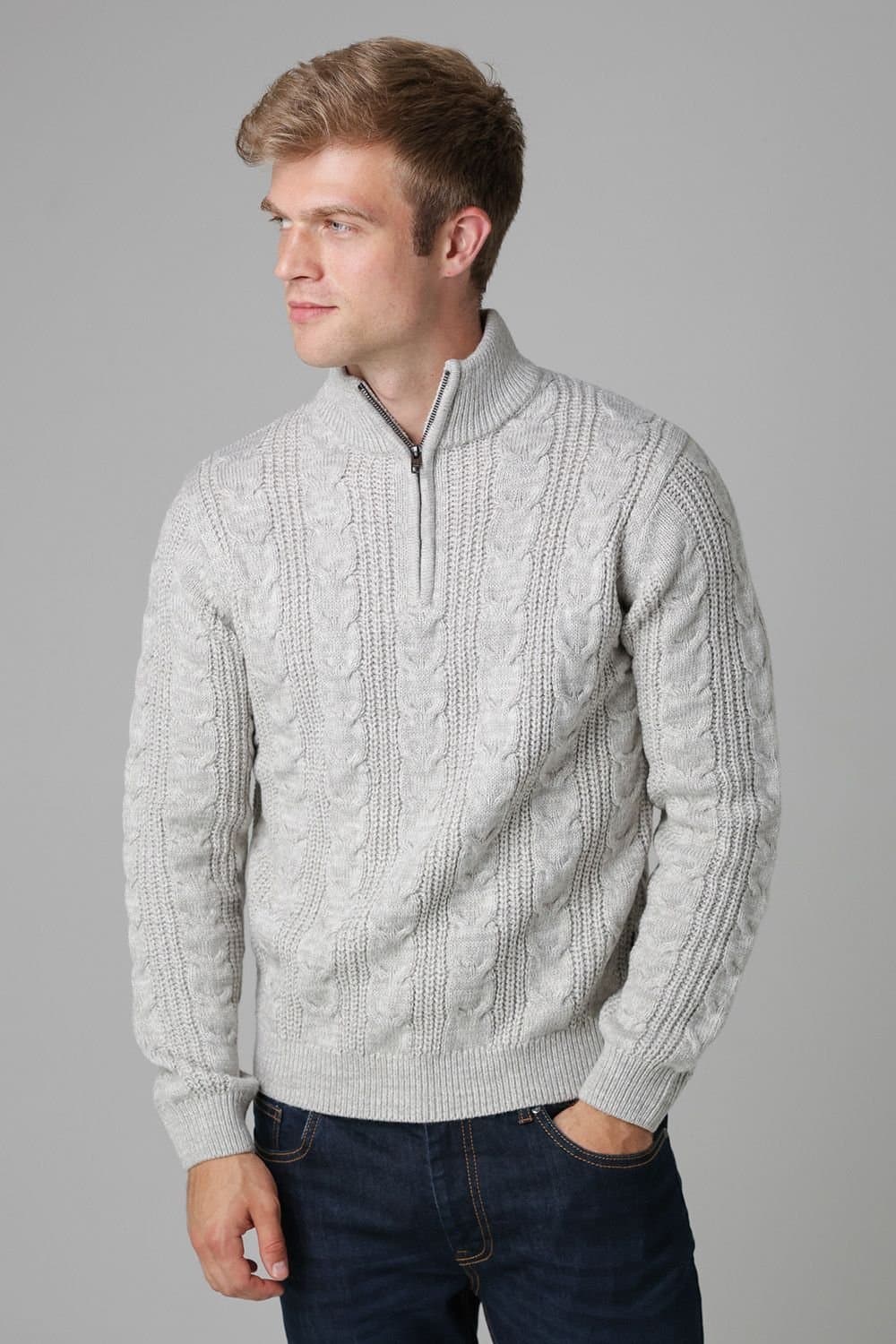 French Connection French Connection Men's 1/2 Zip Cable Knit Jumper in Ecru