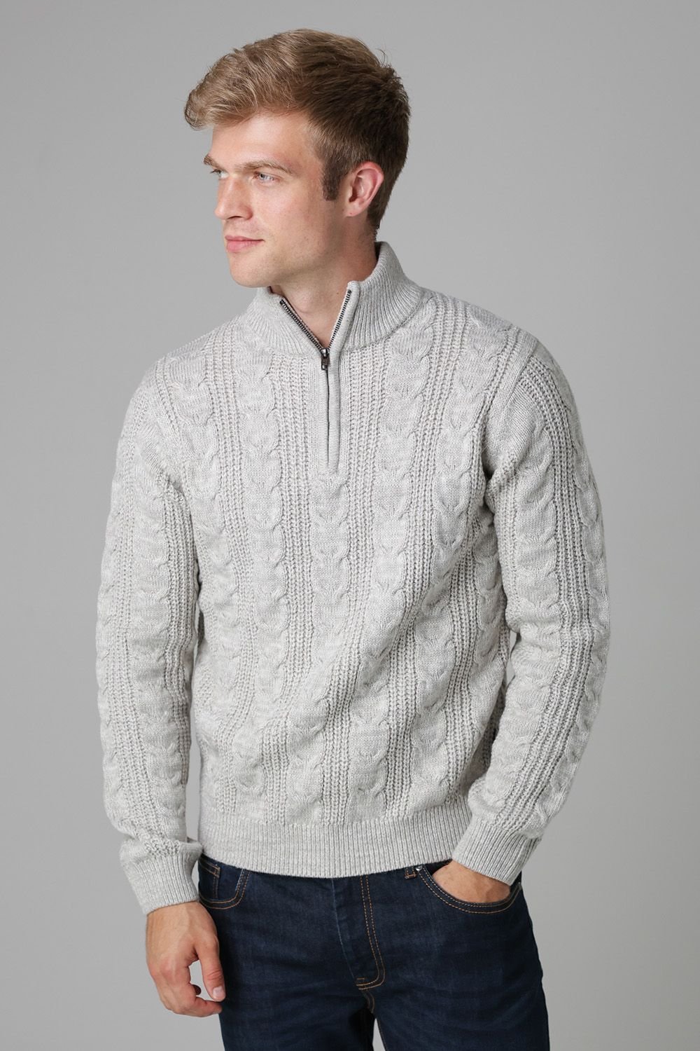 French Connection French Connection Men's 1/2 Zip Cable Knit Jumper in Ecru - 2