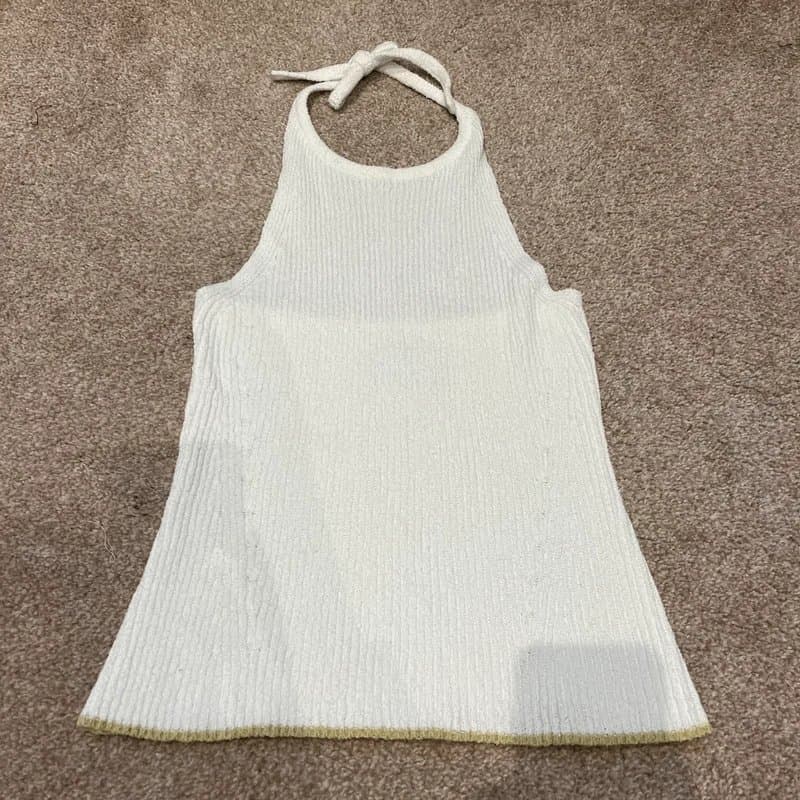 ASOS ASOS White Knit Halterneck Top with Green Trim  Size S