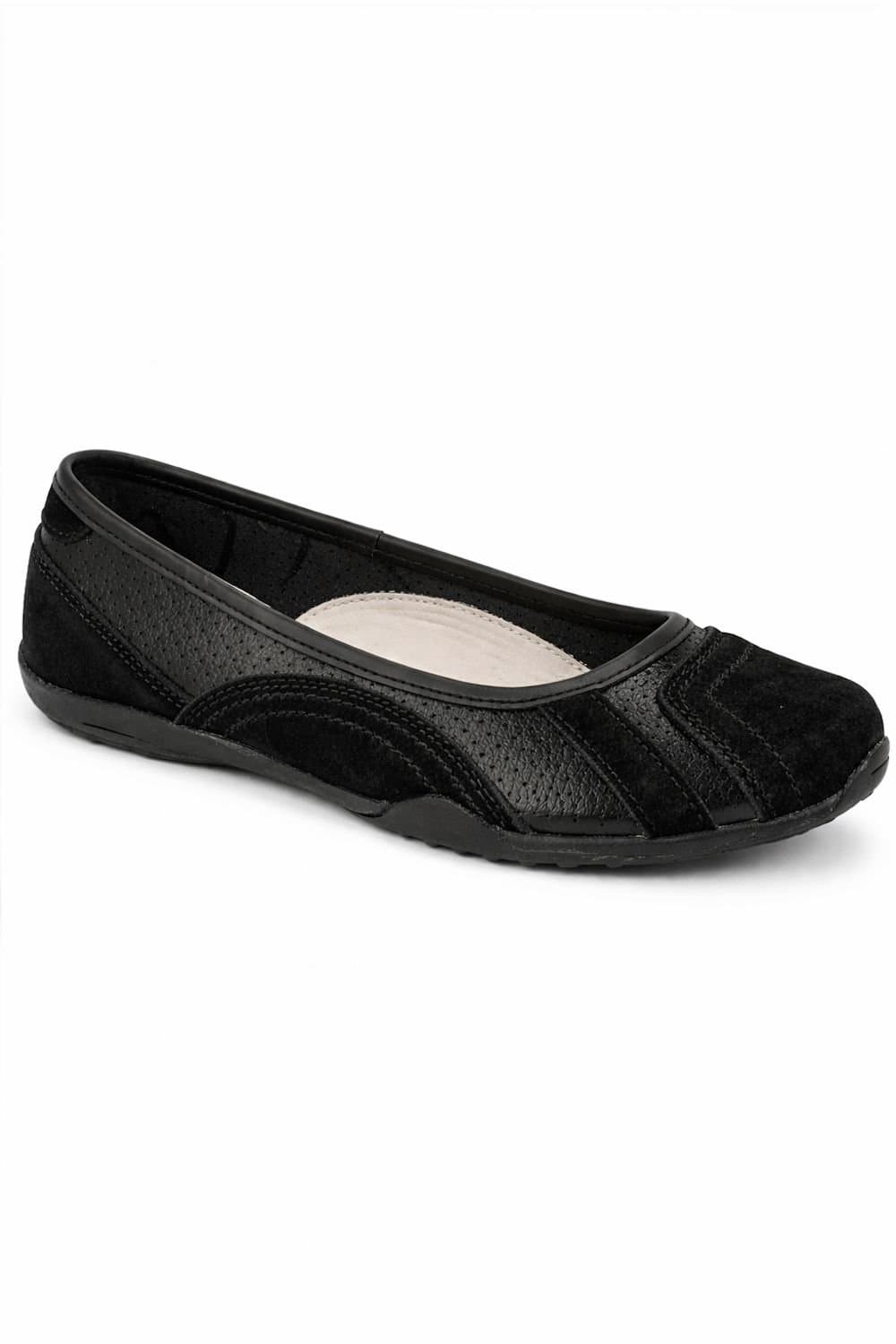 Down To Earth Down To Earth Women's Perforated Action Leather Ballet Pump with Contrast Sole in True Black