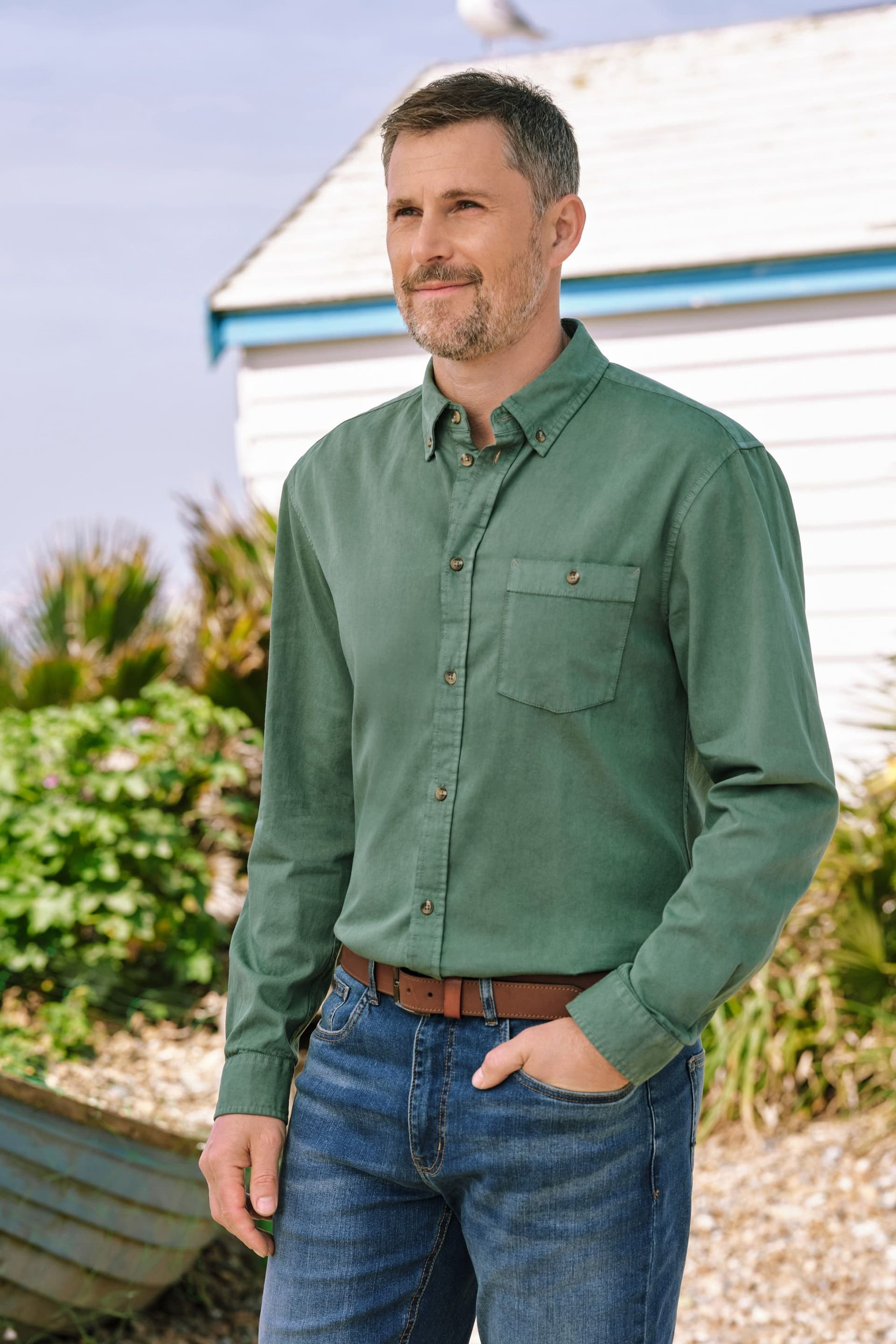 WoolOvers WoolOvers Men's Chambray Long Sleeve Cotton Shirt in Khaki