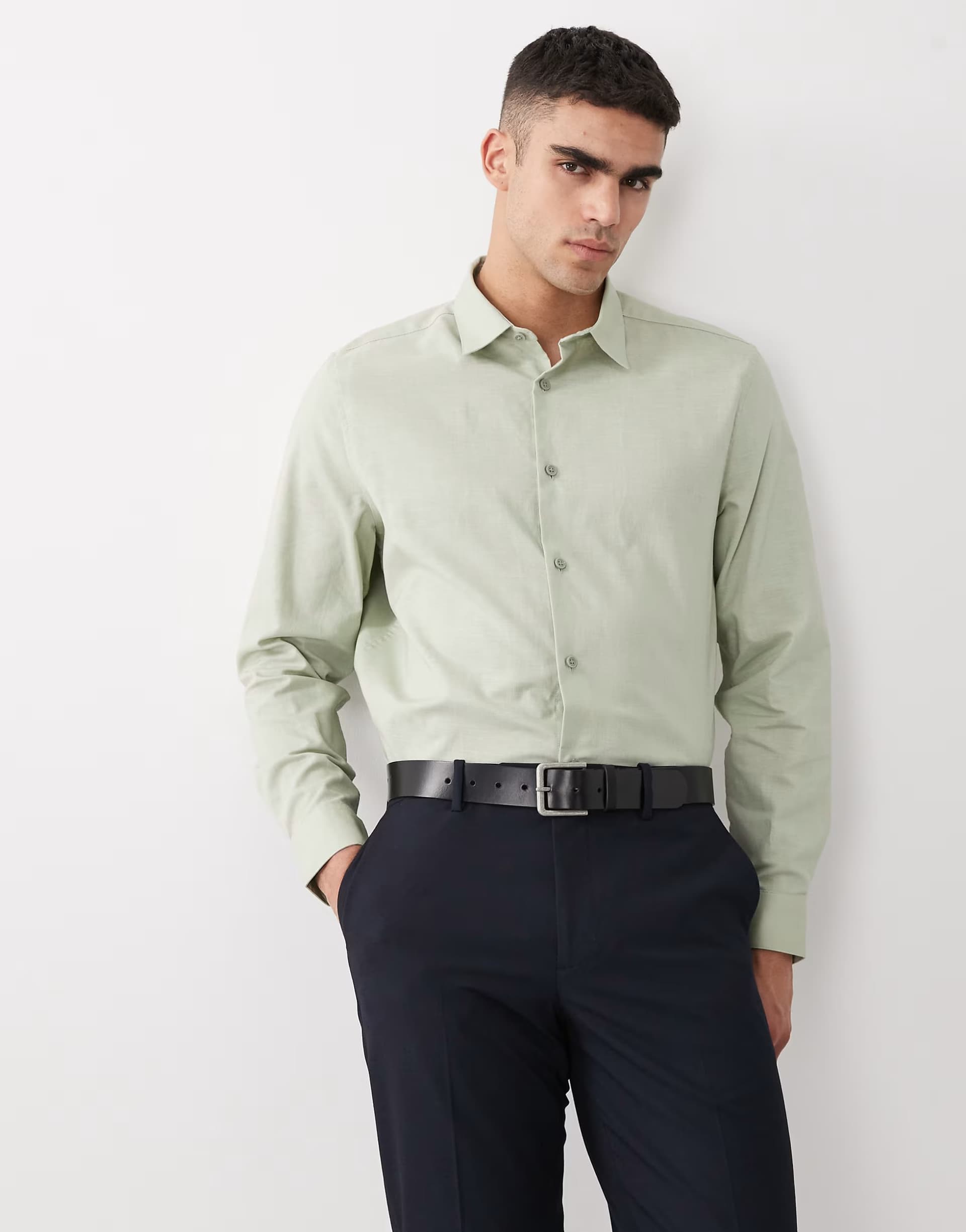 ASOS ASOS DESIGN regular fit smart linen blend shirt in sage green