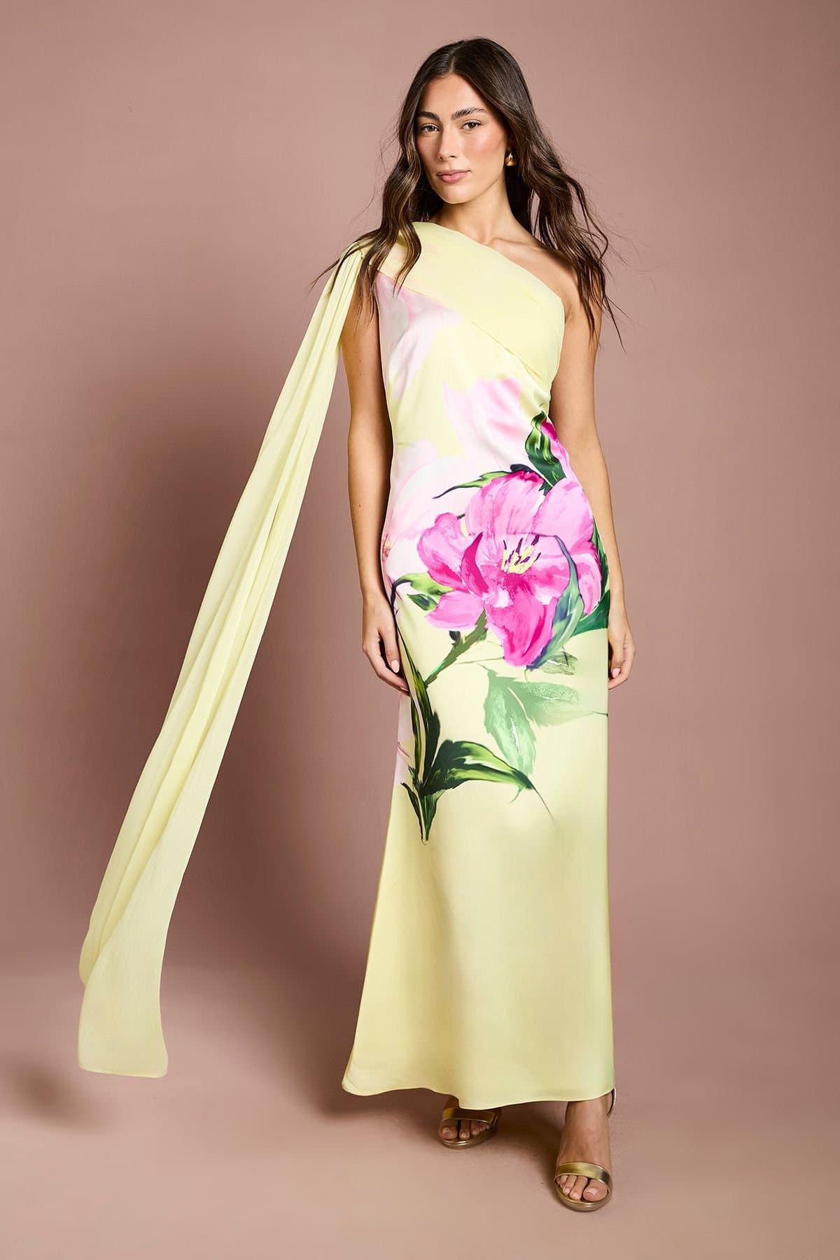 Coast Coast Women's One Shoulder Placement Print Chiffon Maxi Dress in Yellow