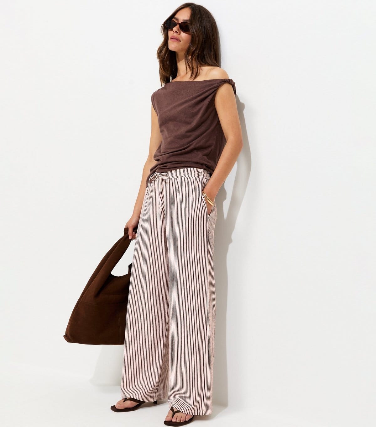 Women's Petite Red Crinkle Texture Striped Wide Leg Trousers New Look