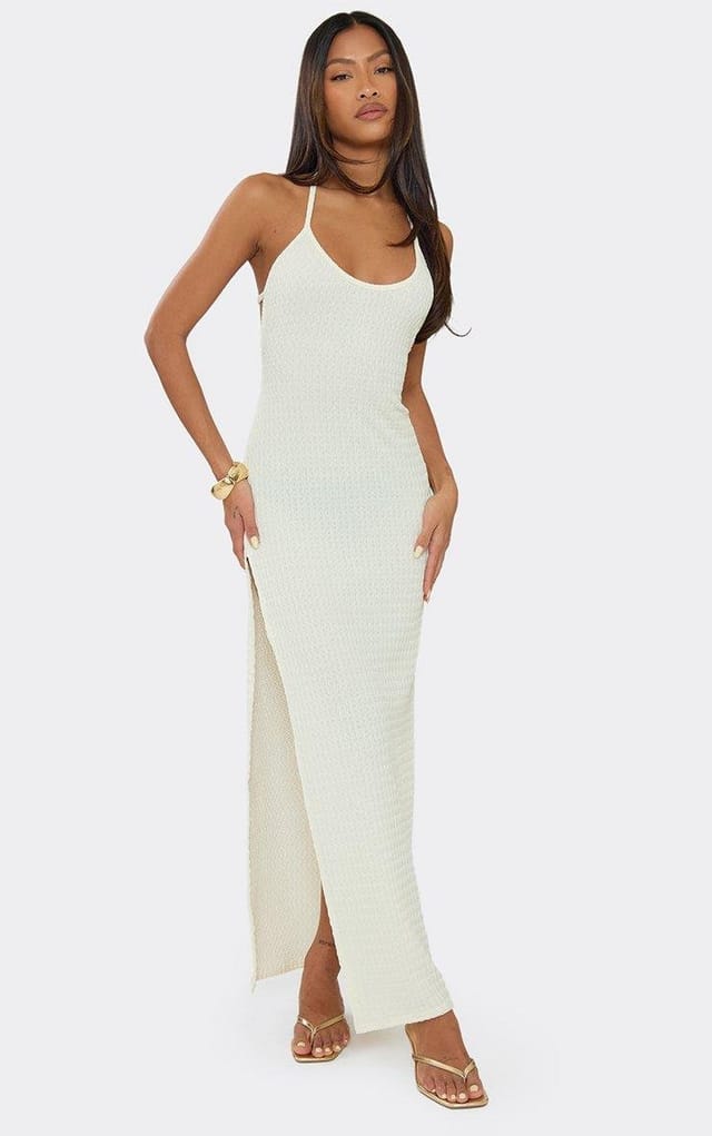 EGO Halterneck Strappy Back Side Split Maxi Dress In Cream Textured Sheer, Women's Size UK 6 - 2