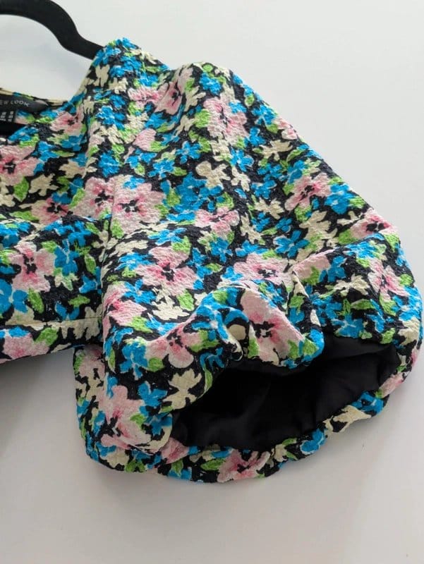 New Look Black Floral Textured Midi Dress UK 18 Puff Sleeve