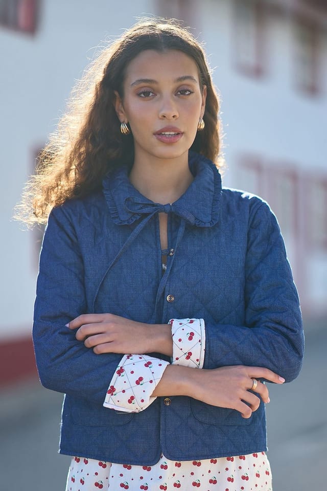 Yumi Yumi Women's Blue Chambray Quilted Jacket With Cherry Lining - 3