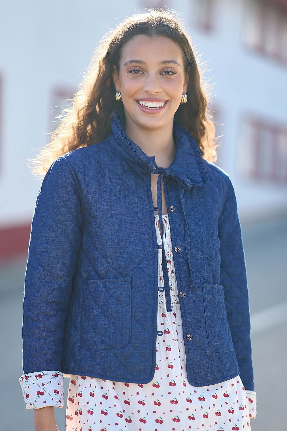 Yumi Yumi Women's Blue Chambray Quilted Jacket With Cherry Lining - 4