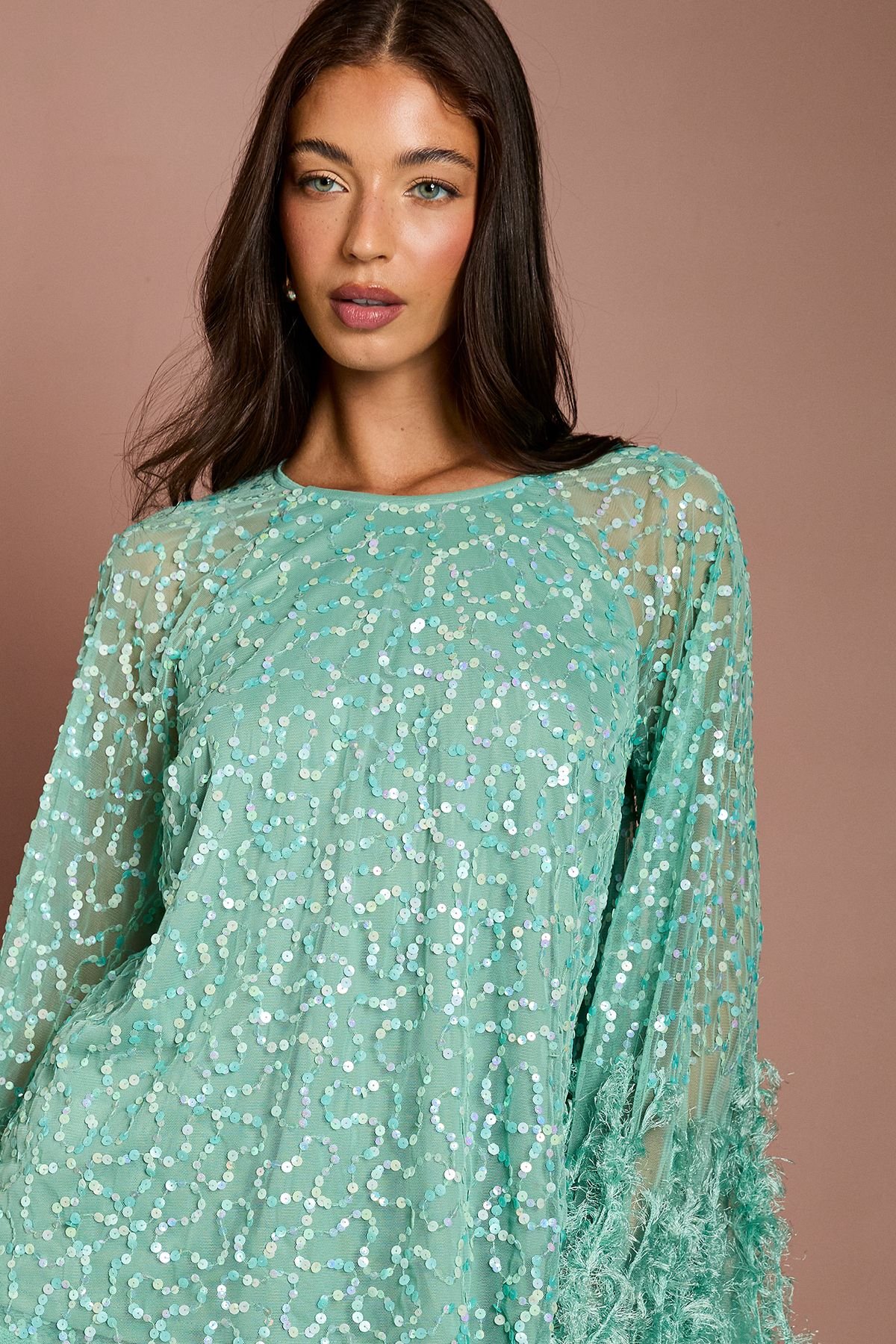 Coast Coast Women's Sequin & Feather Trim Cape Top in Sage - 3