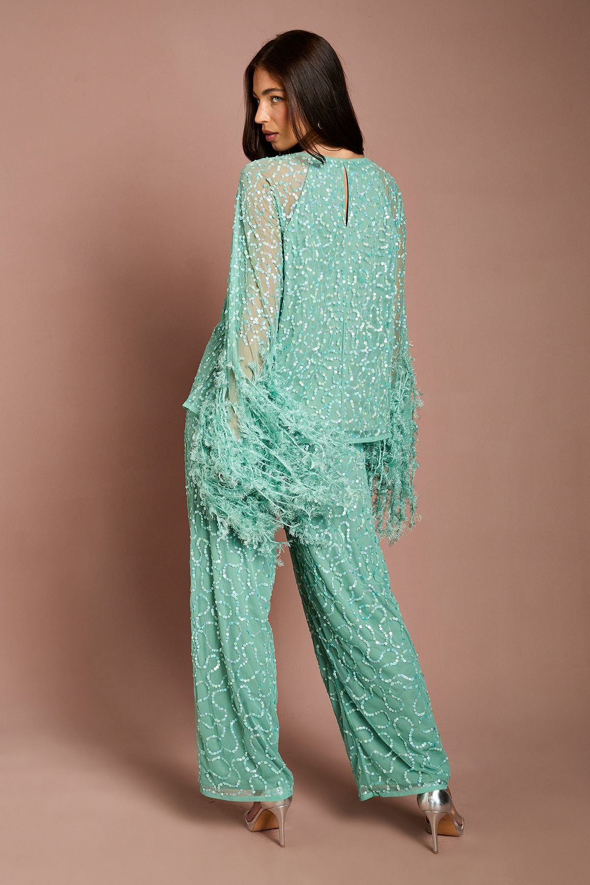 Coast Coast Women's Sequin & Feather Trim Cape Top in Sage - 4