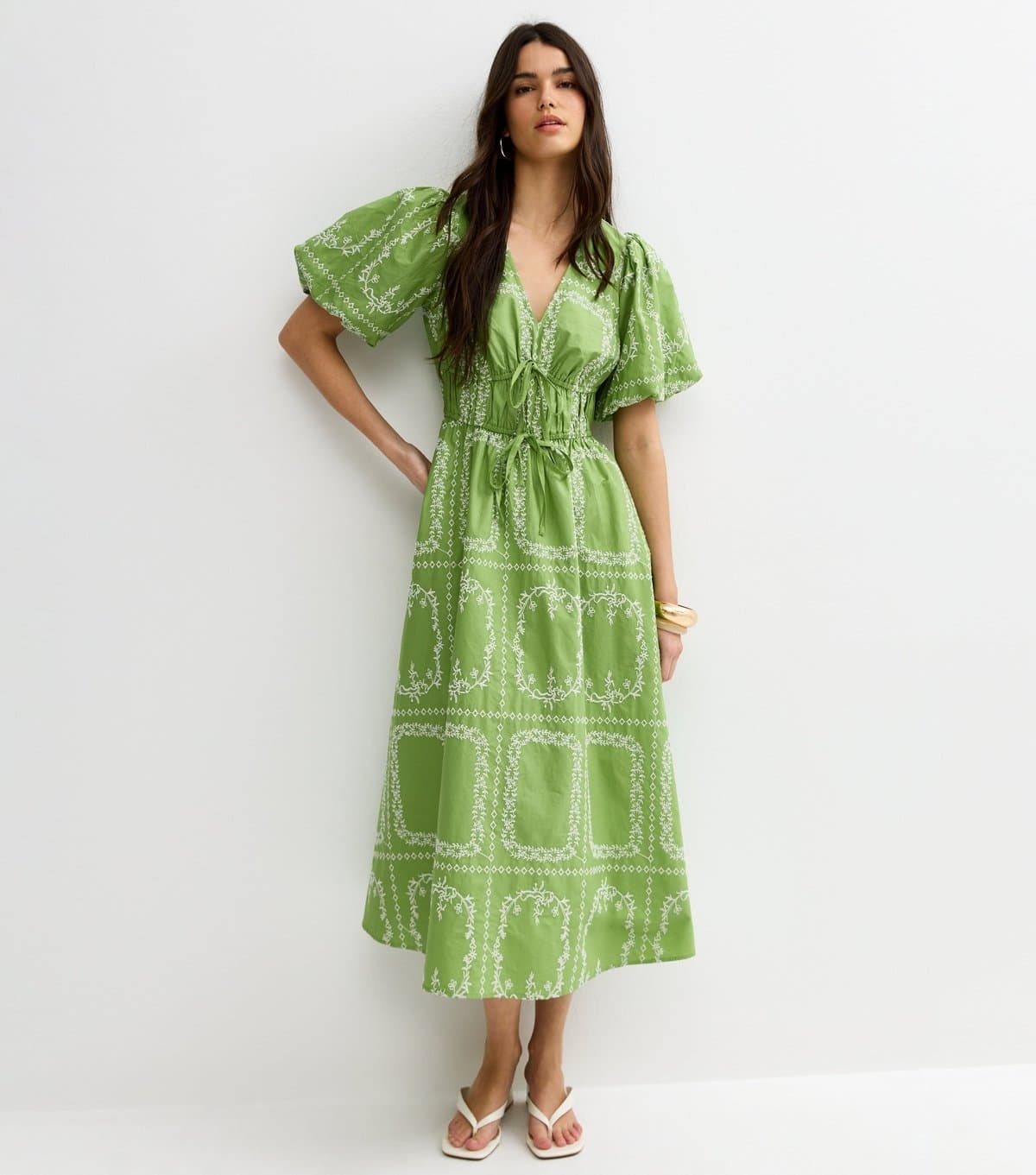 New Look Women's Bright Green Embroidered Puff Sleeve Midi Dress New Look