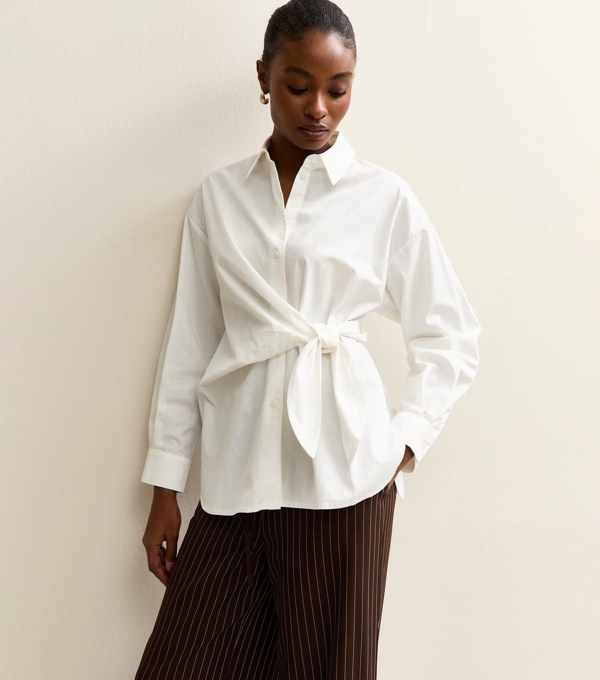 New Look Women's White Cotton Poplin Side Tie Shirt New Look