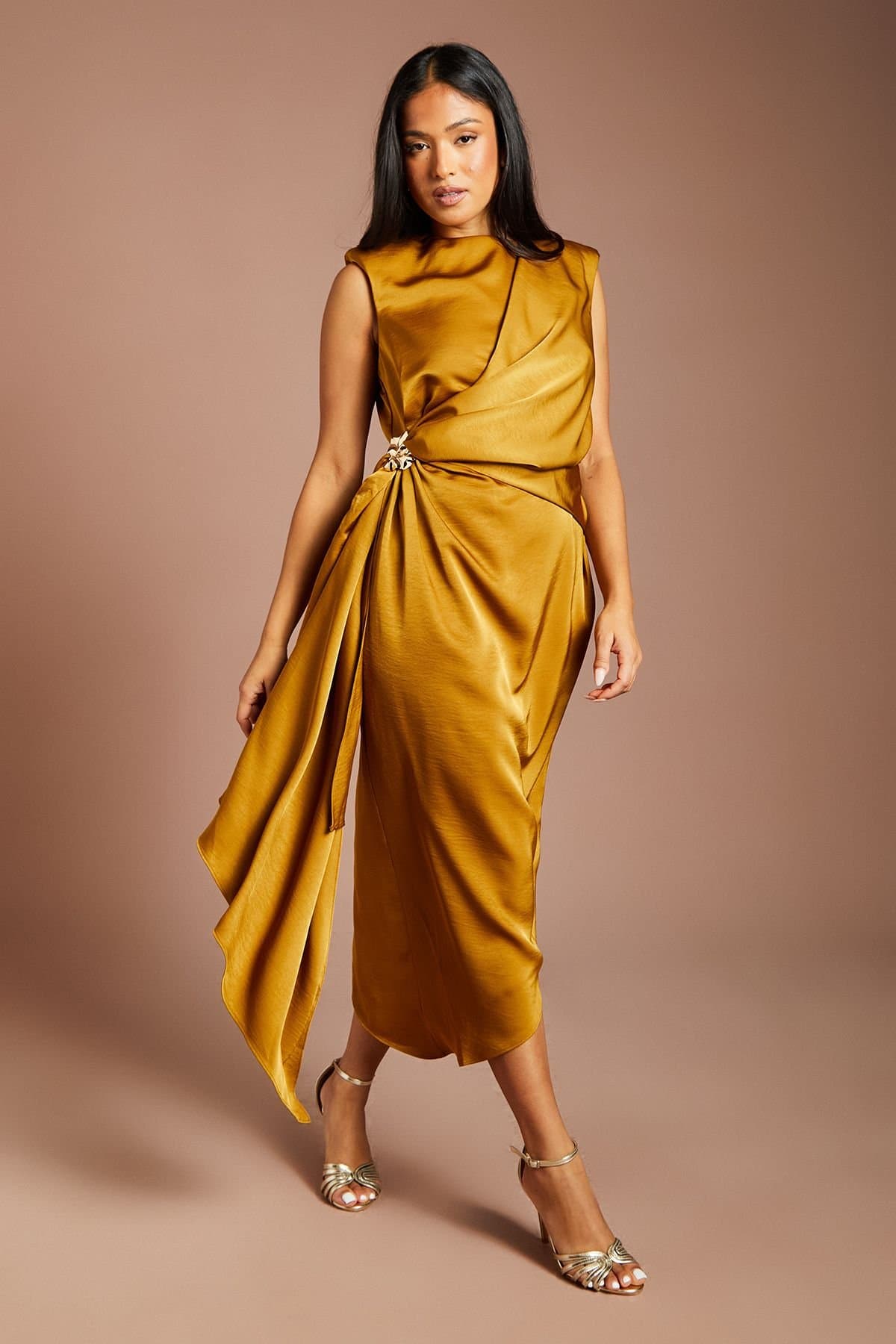 Coast Coast Women's Petite Muse Asymmetric Hem Drape Detail Midi Dress With Gold Trim in Antique Gold