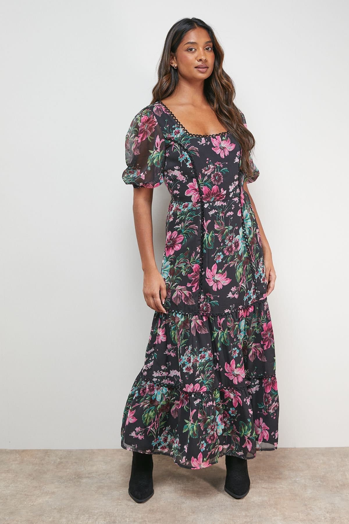 Oasis Oasis Women's Printed Square Neck Scallop edge Puff Sleeve Midi Dress