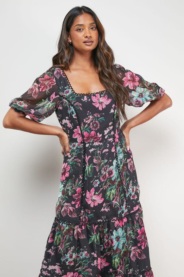 Oasis Oasis Women's Printed Square Neck Scallop edge Puff Sleeve Midi Dress - 2