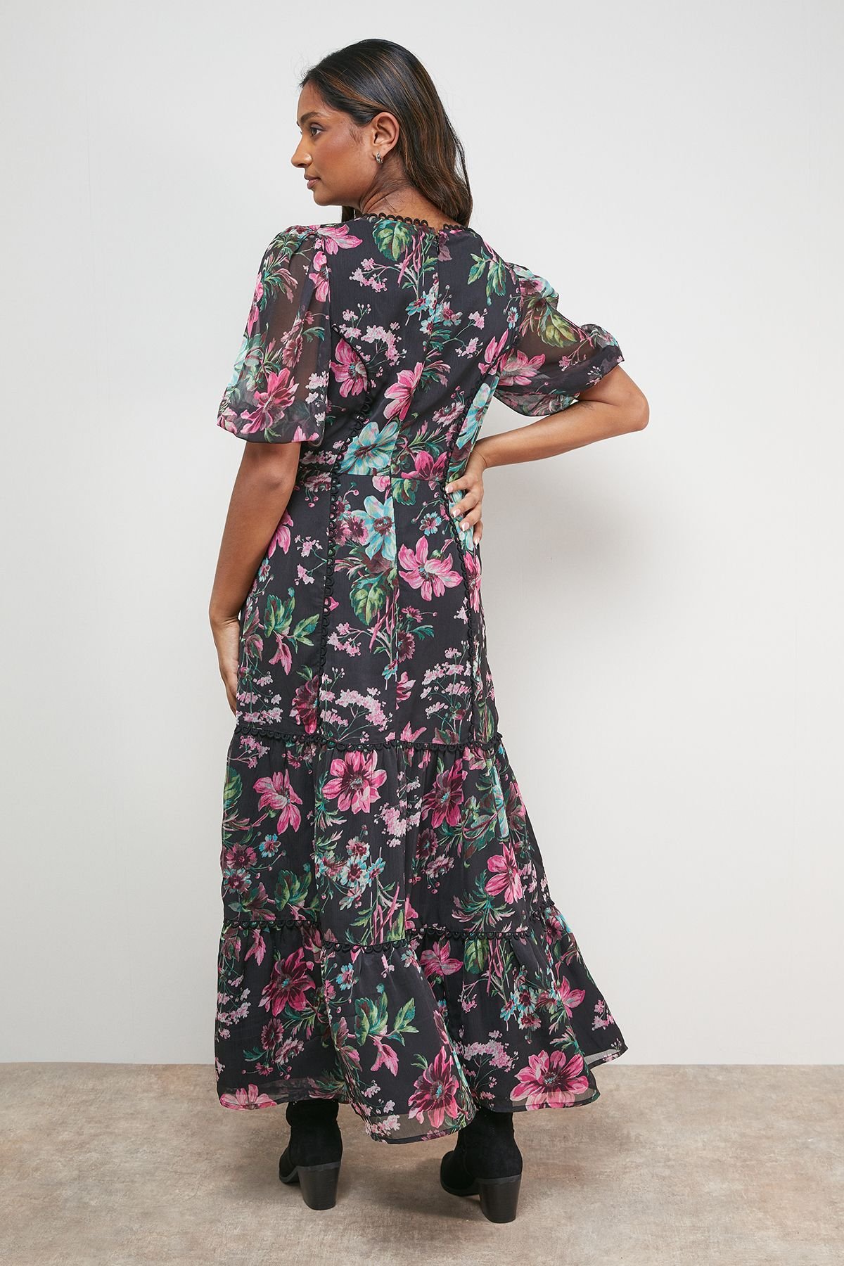 Oasis Oasis Women's Printed Square Neck Scallop edge Puff Sleeve Midi Dress - 3